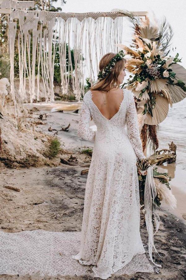 A-Line White Lace Floor-Length Wedding Dress With Long Sleeves WD542 - Pgmdress