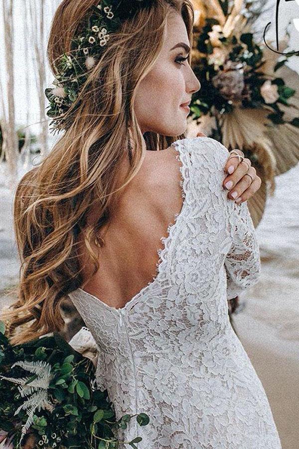 A-Line White Lace Floor-Length Wedding Dress With Long Sleeves WD542 - Pgmdress