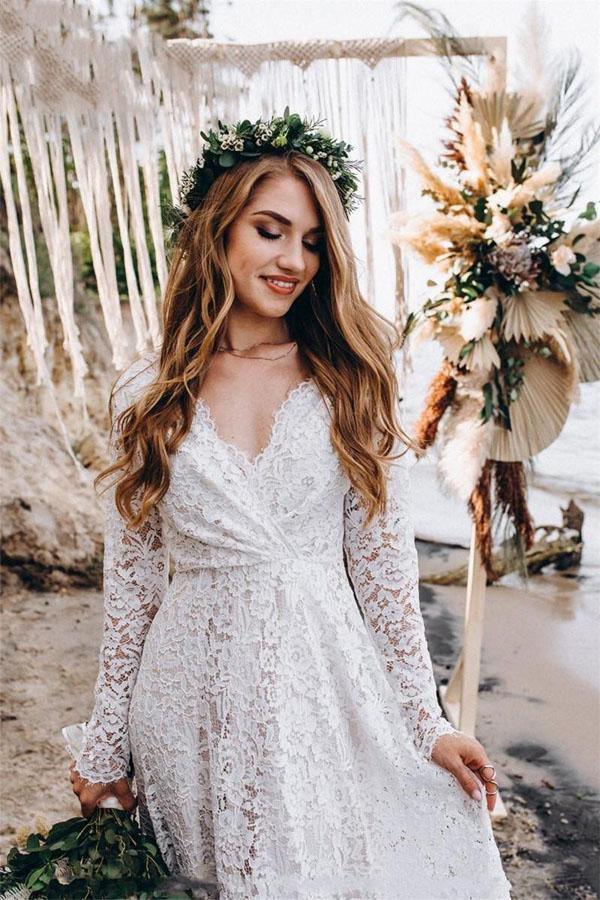 A-Line White Lace Floor-Length Wedding Dress With Long Sleeves WD542 - Pgmdress