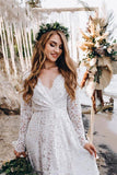 A-Line White Lace Floor-Length Wedding Dress With Long Sleeves WD542