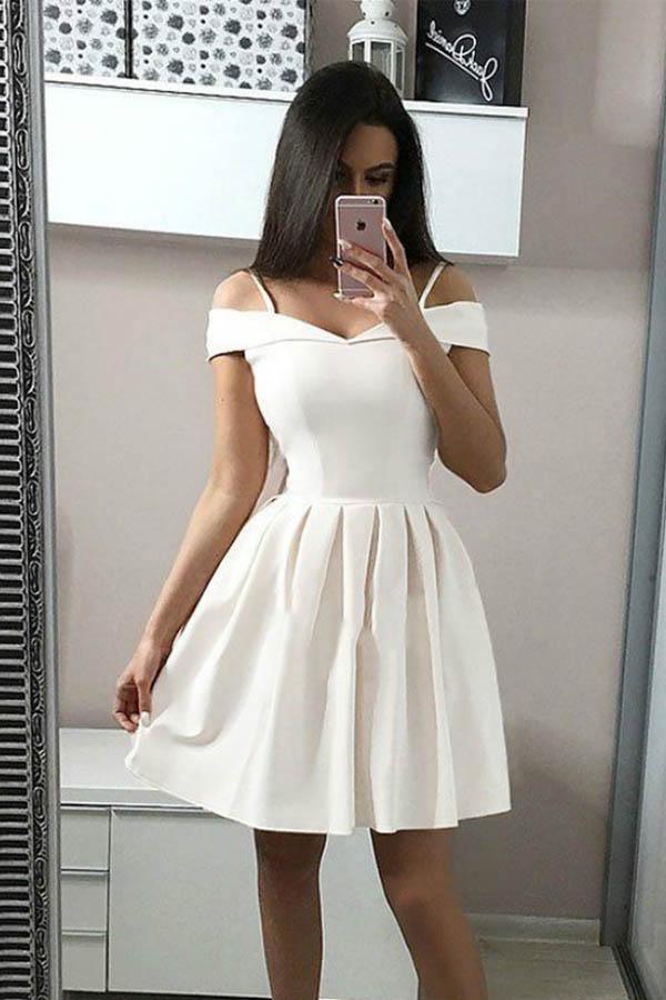 A-Line White Spaghetti Straps Satin Homecoming Dress Short Prom Dress PD249