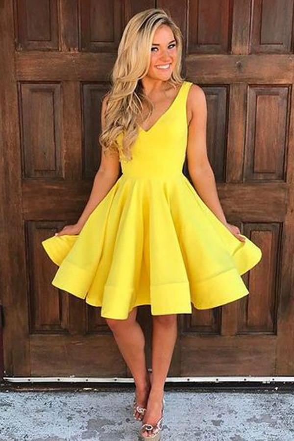 Yellow Satin Short Prom Dress Homecoming Dress Short Prom Dresses – Pgmdress