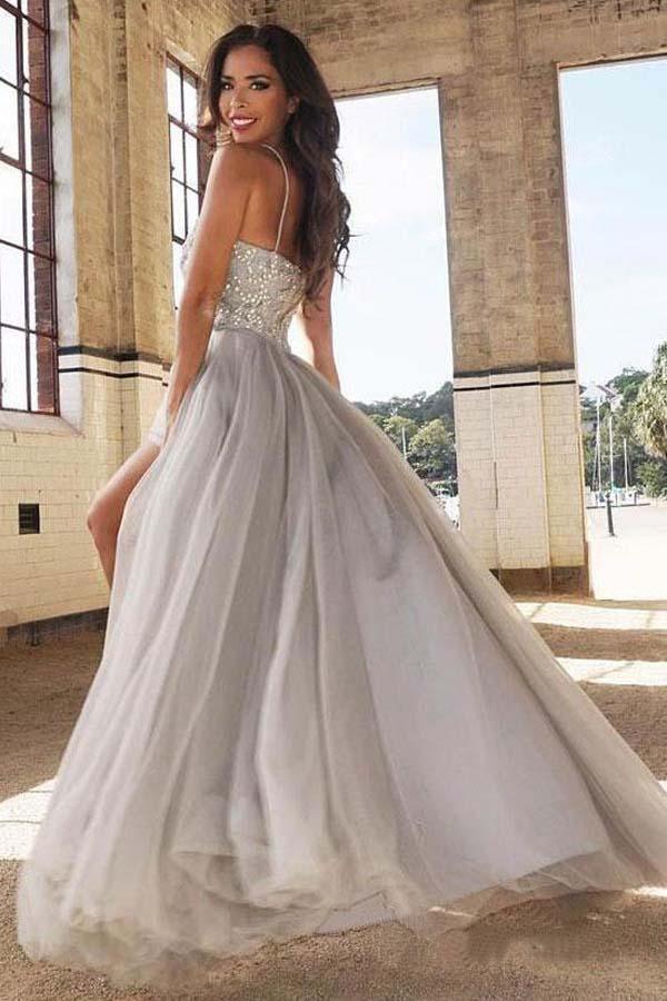 A-line/Princess Sweetheart Neck Silver Tulle Long Prom Dresses PG782 - Pgmdress