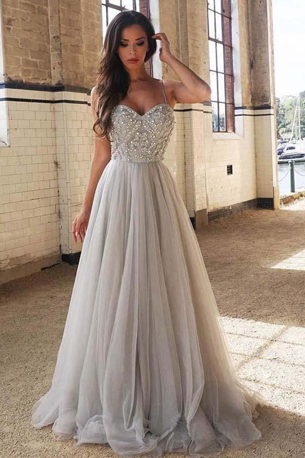 A-Line Princess Sweetheart Neck Silver Tulle Long Prom Dress PG782 US10 / Silver A-Line Princess Sweetheart Neck Silver Tulle Long Prom Dress PG782 US10 / Silver