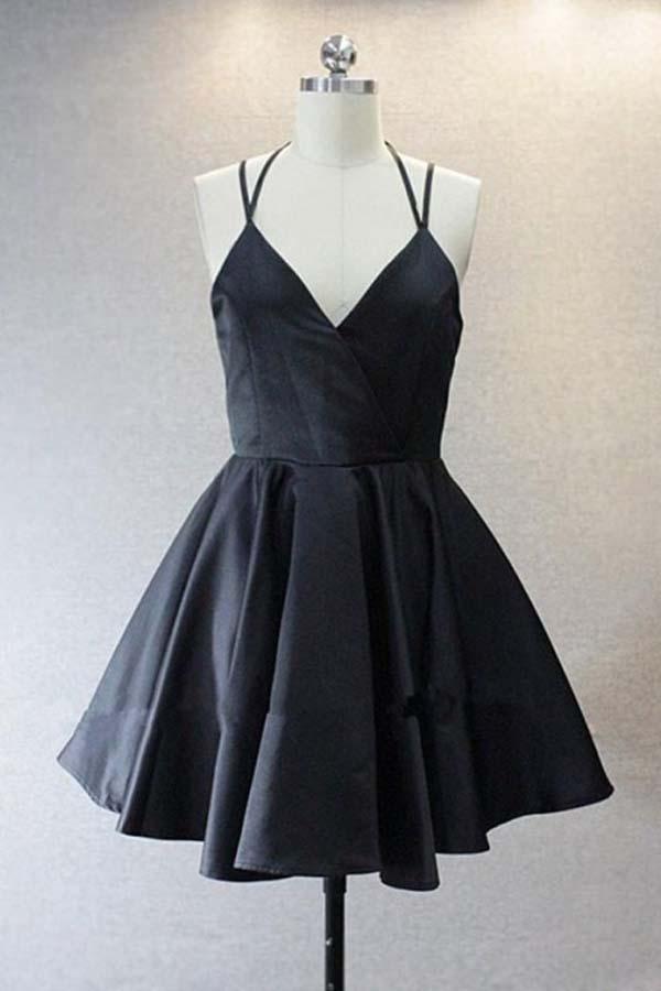 A Live V Neck Satin Short Black Prom Dress Homecoming Dresses US2 / Black A Live V Neck Satin Short Black Prom Dress Homecoming Dresses US2 / Black