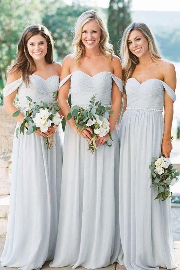 A-lline Chiffon Off the Shoulder Silver Beach Bridesmaid Dresses BD073 - Pgmdress