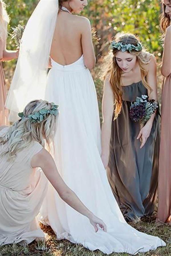 Backless Halter Lace A-Line High Neck Chiffon Wedding Dress WD155 - Pgmdress