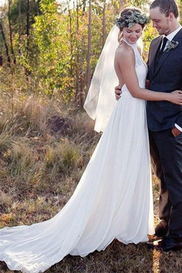 Backless Halter Lace A-Line High Neck Chiffon Wedding Dress WD155 - Pgmdress