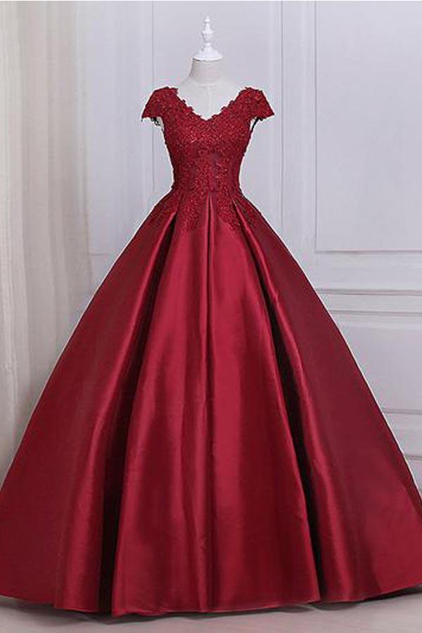 Ball Gown Cap Sleeves Red Lace A line Long Evening Prom Dresses PG584 - Pgmdress