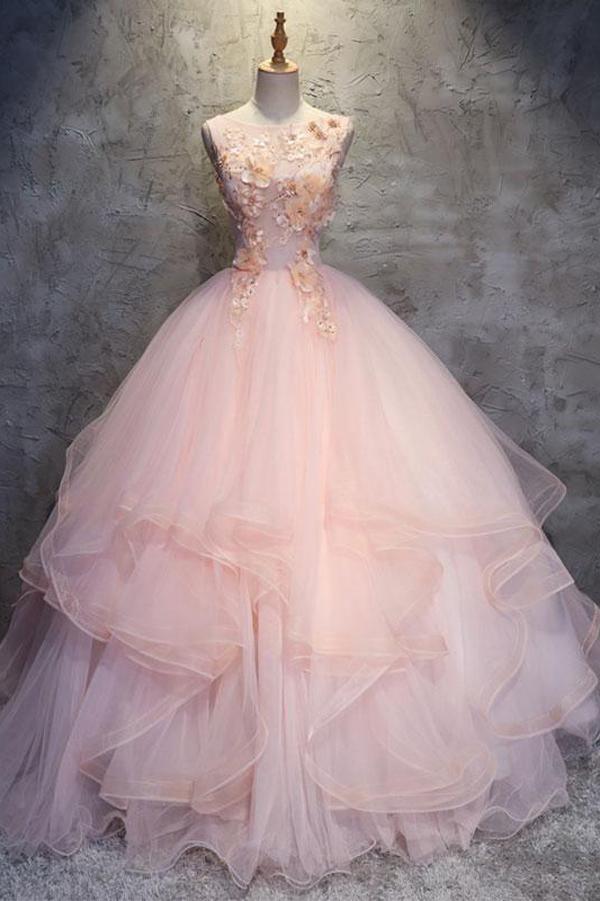 Ball Gown Floor Length Sleeveless Layers Tulle Ruffles Floral Prom Dress PG946 - Pgmdress