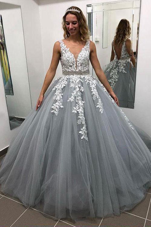 Ball Gown Grey V Neck Long Prom Dress Tulle Evening Dress PG847 US14 / Custom Color Ball Gown Grey V Neck Long Prom Dress Tulle Evening Dress PG847 US14 / Custom Color