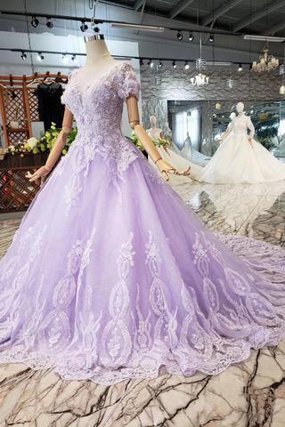 Ball Gown Lilac Short Sleeves Prom Dresses Wedding Dresses with Lace PM244 - Pgmdress