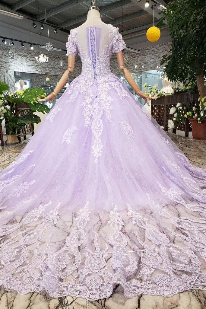 Ball Gown Lilac Short Sleeves Prom Dresses Wedding Dresses with Lace PM244 - Pgmdress