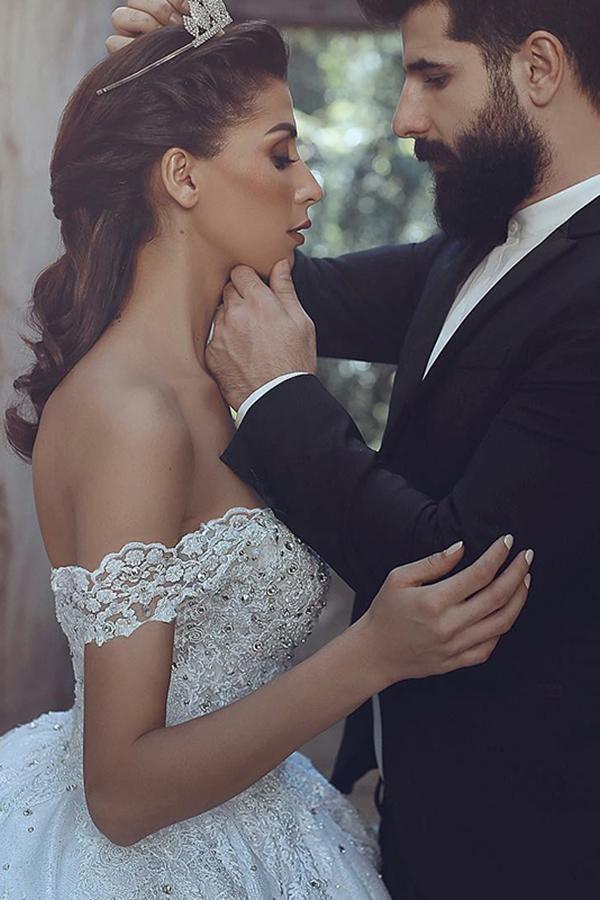 Ball Gown Off-the-Shoulder Court Train Ivory Satin Wedding Dress WD204 - Pgmdress