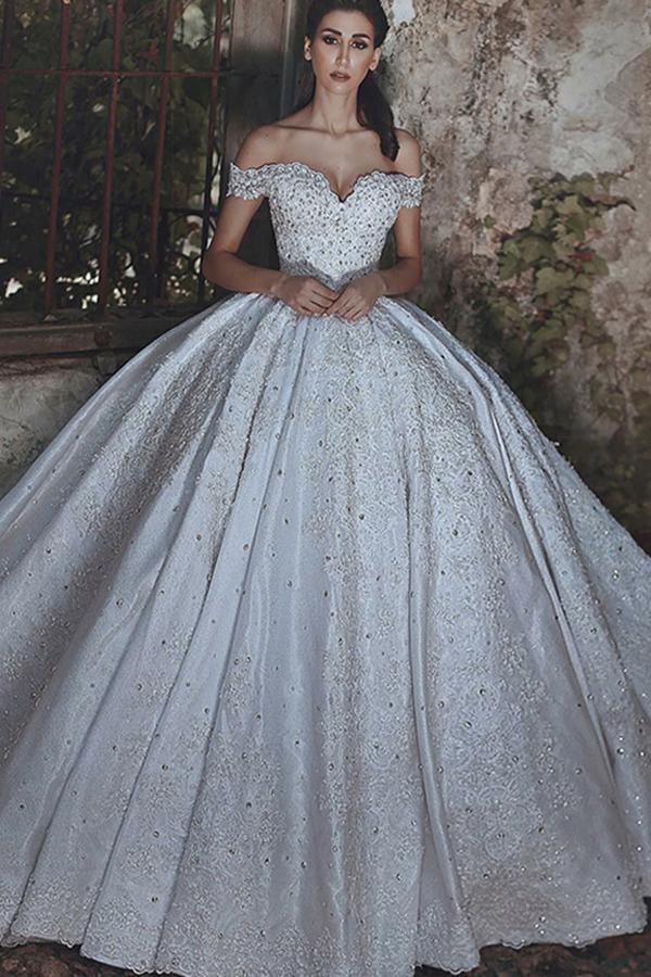 Ball Gown Off-the-Shoulder Court Train Ivory Satin Wedding Dress WD204 - Pgmdress