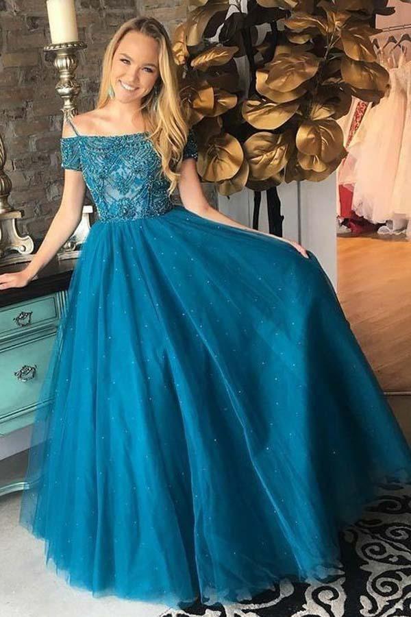 Ball Gown Off-the-Shoulder Dark Blue Tulle Prom Dress with Beading PG501 - Pgmdress