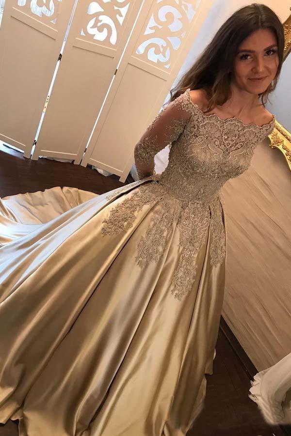 Ball Gown Off The Shoulder Champagne Long Sleeve Prom Dress PG499 US10 / Champagne Ball Gown Off The Shoulder Champagne Long Sleeve Prom Dress PG499 US10 / Champagne