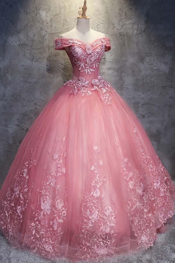 Ball Gown Off Shoulder Tulle Pink Wedding Dress with Appliques WD196 US12 / Pink