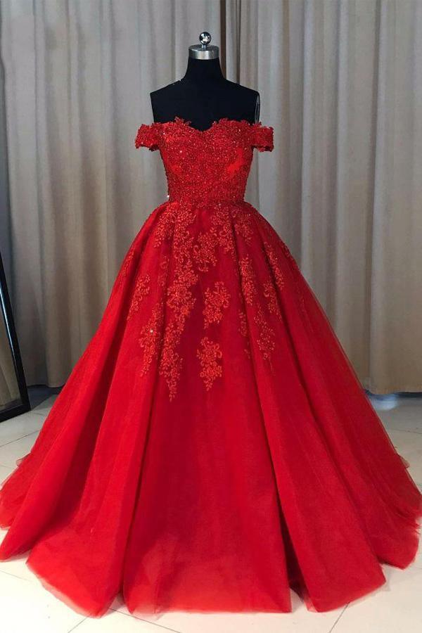 Ball Gown Sweetheart Cap Sleeve Lace Appliques Prom Dress PSK054 - Pgmdress