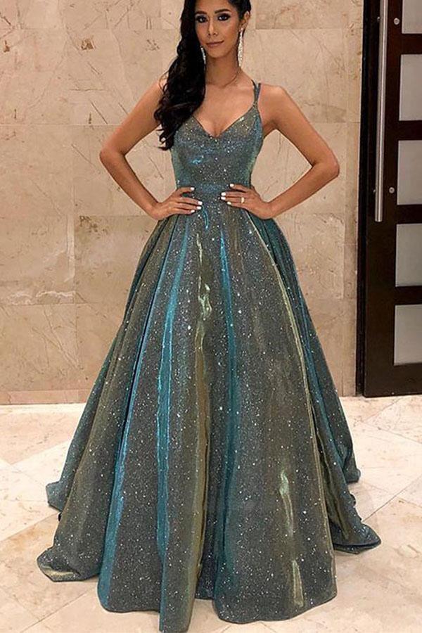 Sparkly V Neck Cross Back Grey Long Prom Dress with Pockets PSK177 US12 / Custom Color Sparkly V Neck Cross Back Grey Long Prom Dress with Pockets PSK177 US12 / Custom Color