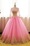 Robe de bal rose à manches longues et décolleté en V, en tulle et appliques, PSK061