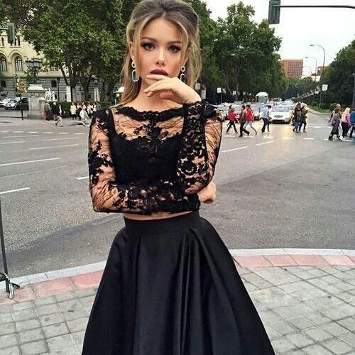 Bateau Neck Two Piece Black Long Sleeves Prom Dress PG319-Pgmdress