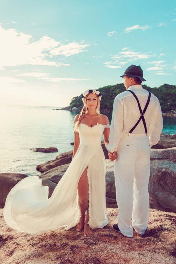 Beach Lace Off The Shoulder Long Chiffon Wedding Dresses WD213 - Pgmdress