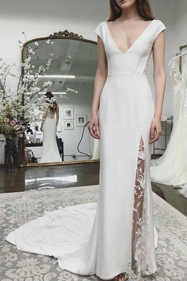 Beach Wedding Dress Cap Sleeves Backless Lace Bridal Dress WD431 US6 / Ivory Beach Wedding Dress Cap Sleeves Backless Lace Bridal Dress WD431 US6 / Ivory