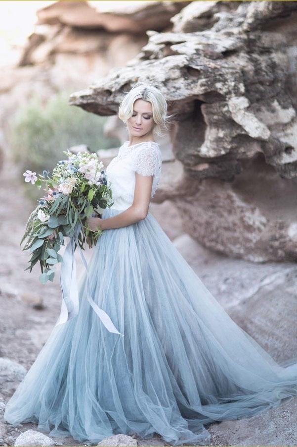 Beautiful lace Top Short Sleeves Prom Dress Wedding Dress WD409 US6 / White/Blue Beautiful lace Top Short Sleeves Prom Dress Wedding Dress WD409 US6 / White/Blue
