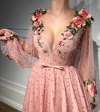 Beautiful Long Sleeves V Neck 3D Flowers Pink Prom Dresses Formal Dresses PSK008 - Pgmdress