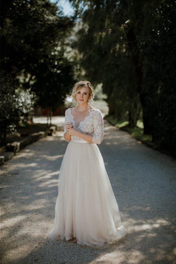 Belt Tulle V-neck Half Sleeves A-line Wedding Dress Bridal Gown WD401 - Pgmdress
