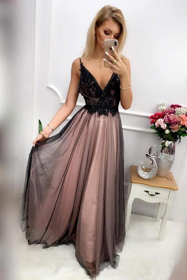 Black Bead Rhinestone Tulle V Neck Spaghetti Strap Prom Dress PSK030 US2 / Black/Nude Black Bead Rhinestone Tulle V Neck Spaghetti Strap Prom Dress PSK030 US2 / Black/Nude