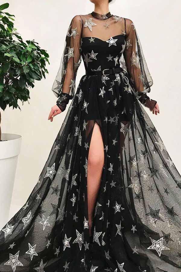High Neck Split Black Long Sleeves Prom Dress With Star PSK067-Pgmdress