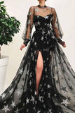 High Neck Split Black Long Sleeves Prom Dress With Star PSK067-Pgmdress