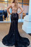 Mermaid Lace Spaghetti Straps Cross Back Black Prom Dress PG924-Pgmdress