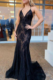 Robe de bal sirène noire à bretelles spaghetti et dos croisé PG924