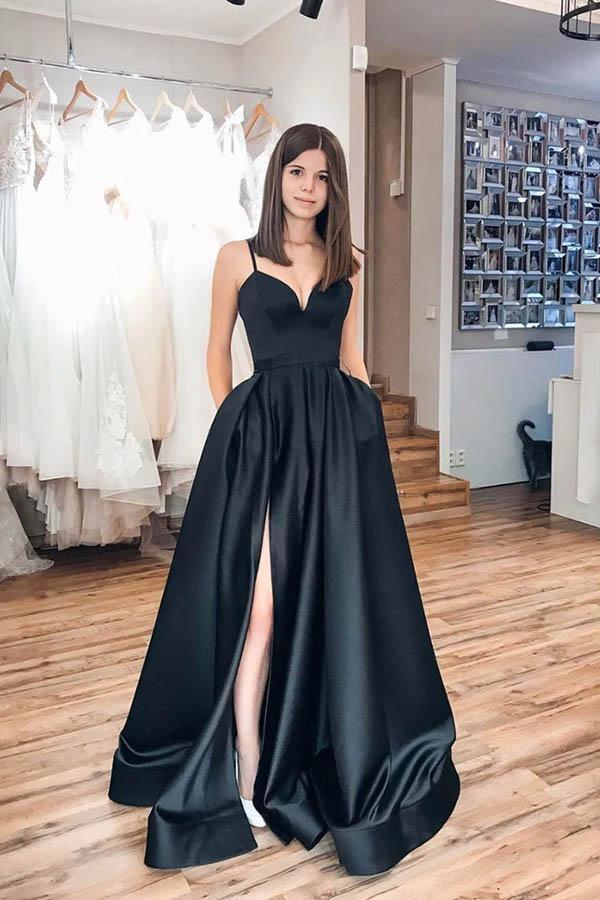 Black Spaghetti Strap Simple Satin Long Prom Dress Evening Dress – Pgmdress