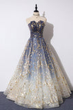 Robe de bal longue en tulle à imprimé floral, sans bretelles, coupe trapèze, bleue, PSK201