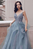 Blue Gray Lace V Neck Long Ruffles Prom Dress Organza Evening Dress PSK016 - Pgmdress