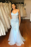Blaues Meerjungfrau-Tüll-Spaghettiträger-Pailletten-Abschlussball-/formelles Kleid PG999