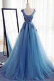 Blue Round Neck Tulle Lace Long Prom Dress Blue Evening Dress PSK204 - Pgmdress