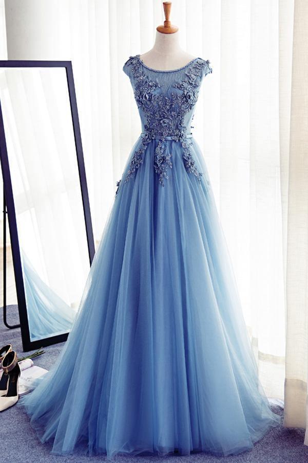 Blue Round Neck Tulle Lace Long Prom Dress Blue Evening Dress US12 / Custom Color Blue Round Neck Tulle Lace Long Prom Dress Blue Evening Dress US12 / Custom Color