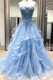 Robe de bal longue bleue à volants et appliques en dentelle et tulle PG929