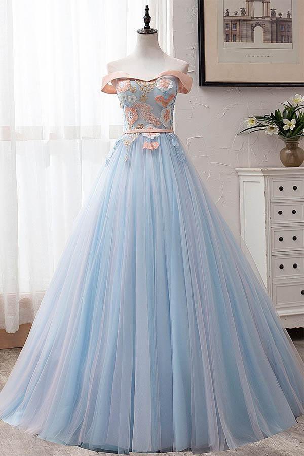 Off-The-Shoulder Appliques Ball Gown Blue Long Prom Dress PSK027 US10 / Light Blue
