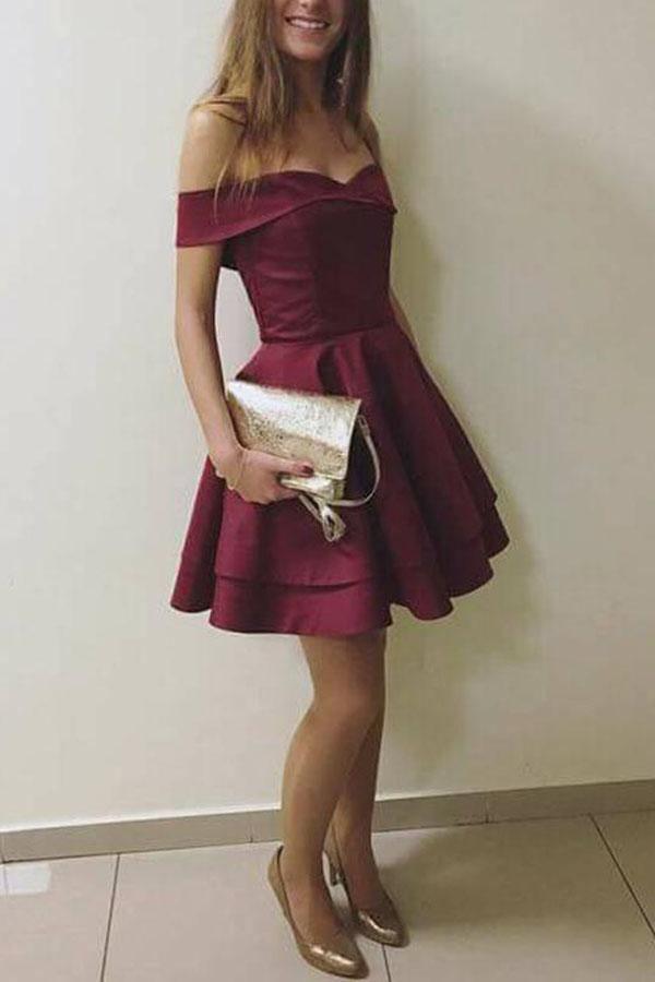 Burgundy Elegant Off the Shoulder Short Graduation Dress Homecoming Dress PD123 - Pgmdress