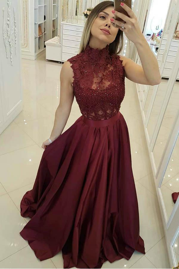 High Neck Lace Bodice Princess Burgundy Long Prom Dress PG921