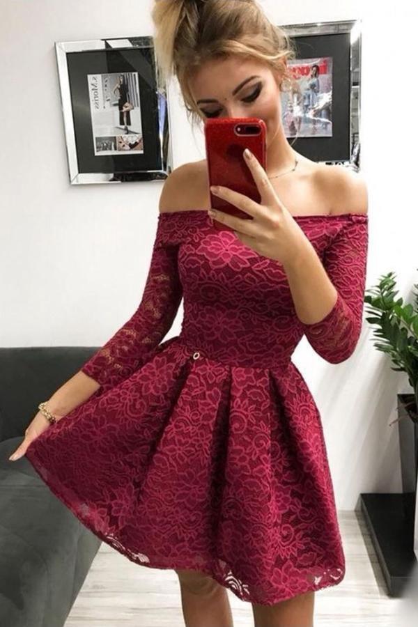 Burgundy Lace Off-the-Shoulder Long Sleeves Homecoming Dresses PD338 - Pgmdress