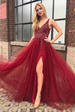 A-line V-neck Open Back Burgundy Prom Dress with Beading PG976