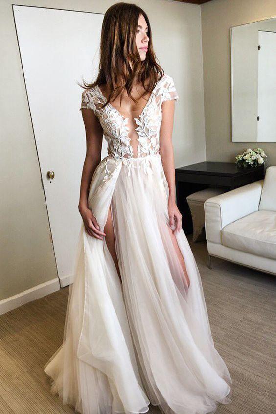 Cap Sleeve Deep V-neck Sexy Wedding Dress With Appliques PG902 US2 / Custom Color Cap Sleeve Deep V-neck Sexy Wedding Dress With Appliques PG902 US2 / Custom Color