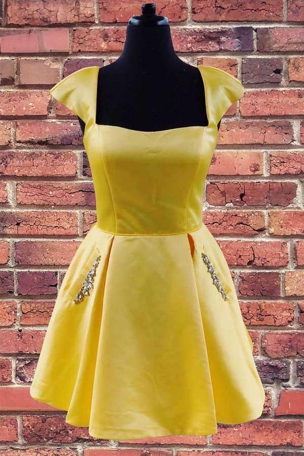 Cap Sleeves Short Yellow Homecoming Dress with Lace Up Back US0 / Yellow Cap Sleeves Short Yellow Homecoming Dress with Lace Up Back US0 / Yellow